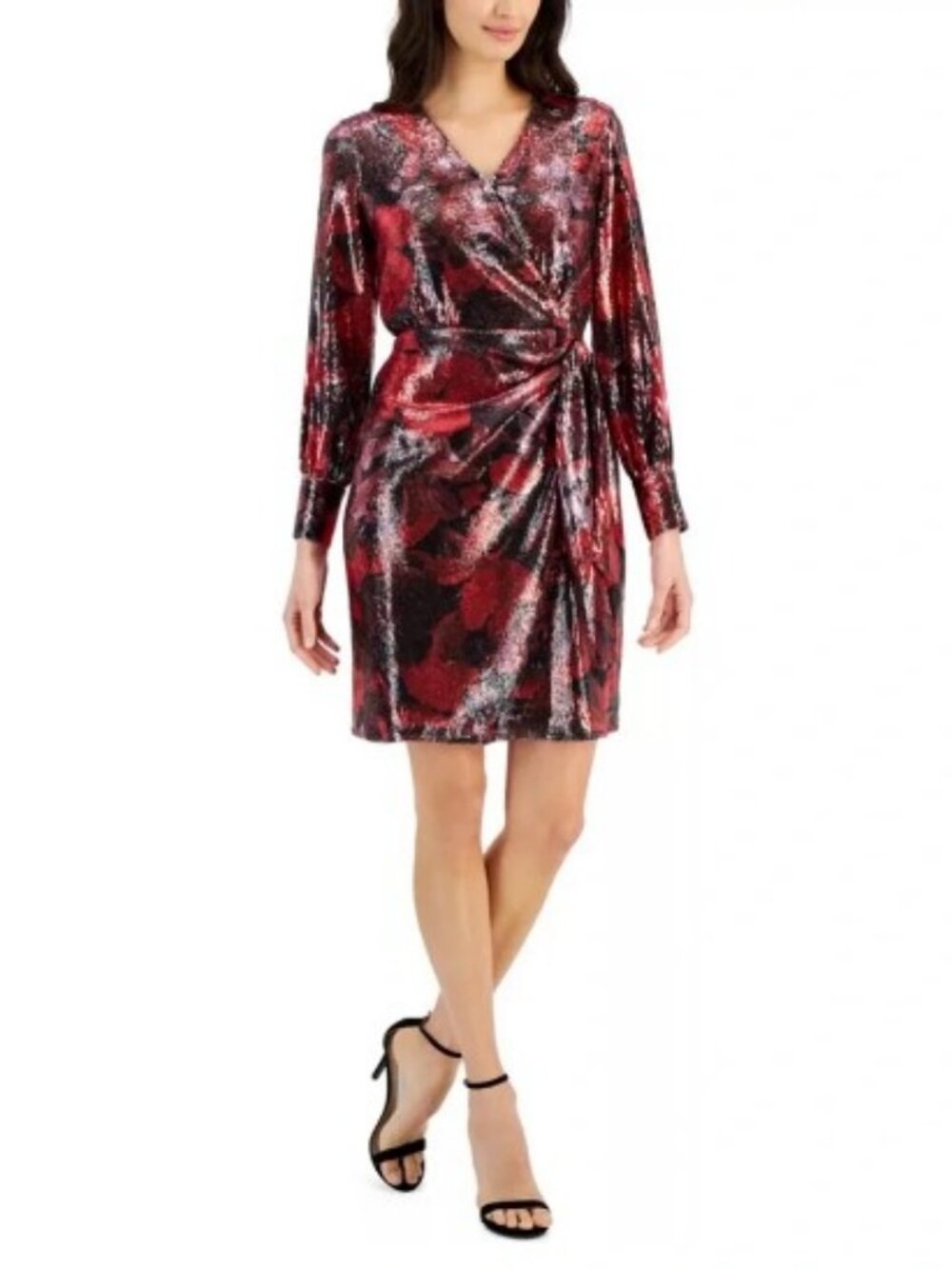 *NWT* Anne Klein Sequined Faux-Wrap Black and Red Dress Size 12